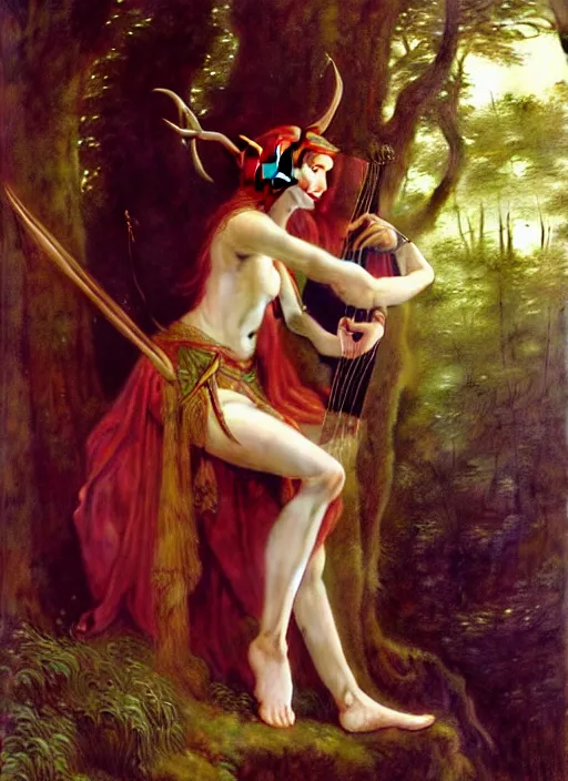 Image similar to forest elf bard playing lute, full body, hyper realistic, extremely detailed, dnd character art portrait, dark fantasy art, intricate fantasy painting, dramatic lighting, vivid colors, deviantart, artstation, by edgar maxence and caravaggio and michael whelan and delacroix.