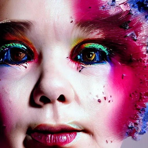 Prompt: photography facial portrait of bjork, natural background,. natural pose, wearing stunning cloth by iris _ van _ herpen, with a colorfull makeup. highly detailed, skin grain detail, photography by paolo roversi, nick knight, helmut newton, avedon, araki