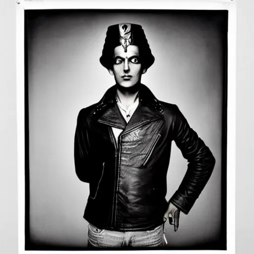 Image similar to A pharaoh wearing a leather jacket, portrait, by Derek Ridgers, Richard Avedon, Mario Testino