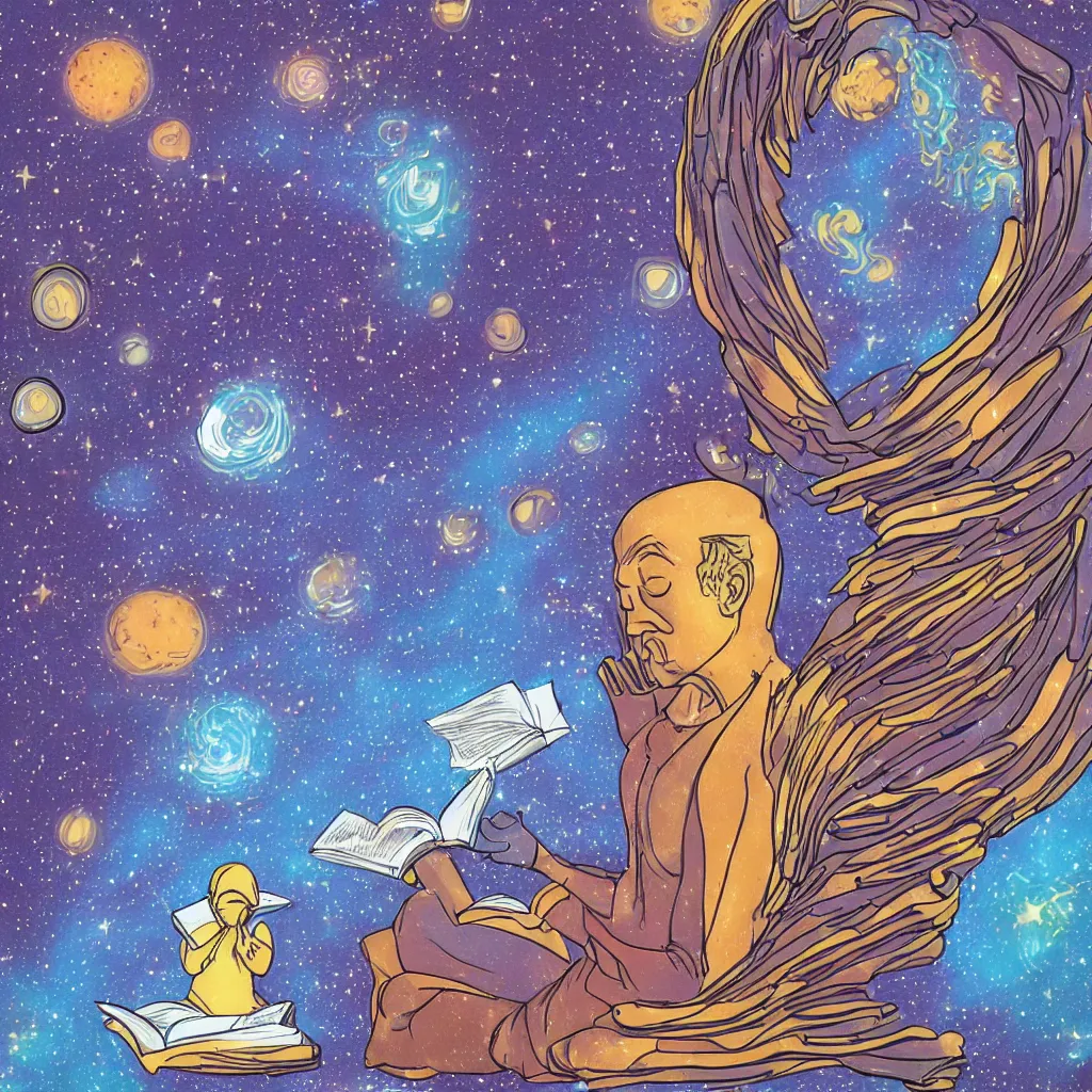 Image similar to Digital art of a cosmic being reading books containing knowledge of the universe