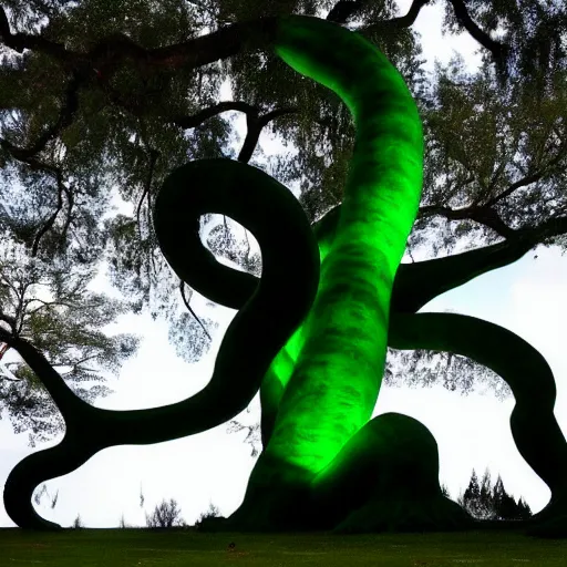 Prompt: A beautiful sculpture of a large, looming creature with a long, snake-like body. The creature has many large, sharp teeth, and its eyes glow a eerie green. It is wrapped around a large tree, which is bent and broken under the creature's weight. There is a small figure in the foreground, clutching a sword, which is dwarfed by the size of the creature. dark violet, octane 3d by Janine Antoni, by Arthur Hughes neat, playful