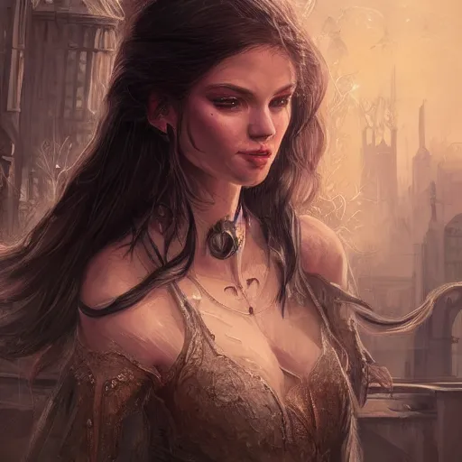 Prompt: a portrait of a younger terri alden as a sorceress, urban motifs, intricate, elegant, highly detailed, digital painting, trending on artstation, concept art, smooth sharp focus, illustration, art by artgerm and greg rutkowski