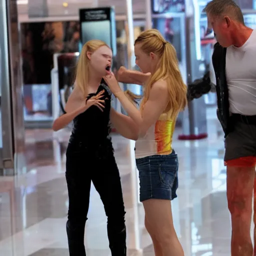 Prompt: Terminator punching Elle Fanning in a mall