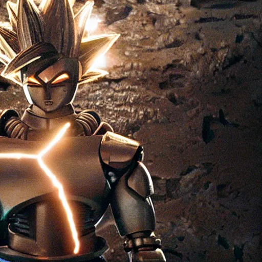 Image similar to movie still of robot goku, cinematic composition, cinematic light, criterion collection, by guillermo del toro