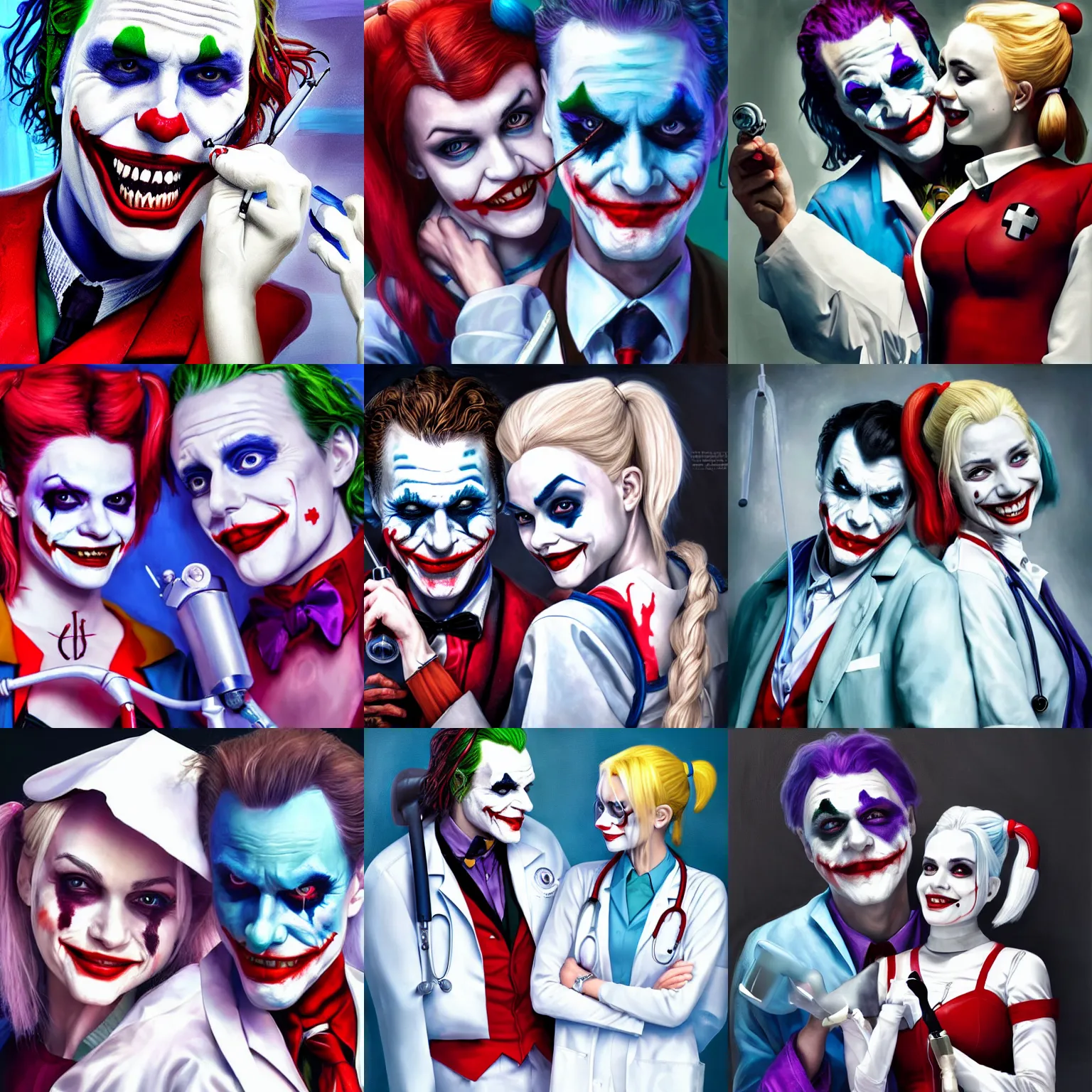 Prompt: joker and harley quinn as a doctor and a nurse, high quality, artstation, oil painting, beautiful 4k