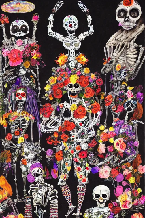 Prompt: scene from wedding, day of the dead, cyber skeletons, queen in black silk in the center, neon painting by otto dix