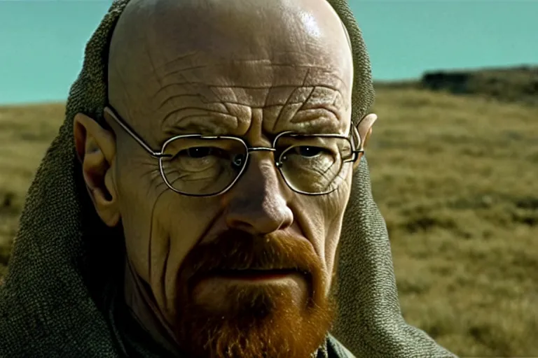 Image similar to film still of walter white as gandalf in the fellowship of the ring, cinematic, movie frame, rule of thirds, 8 k