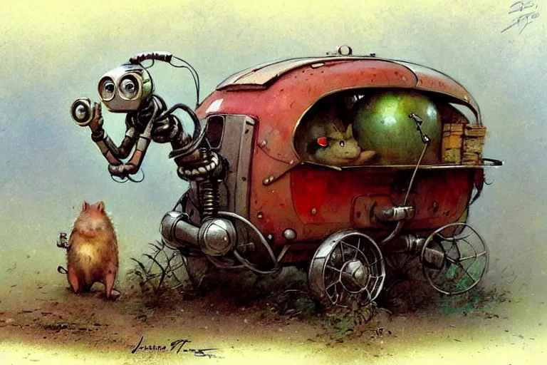 Image similar to adventurer ( ( ( ( ( 1 9 5 0 s retro future robot android fat rat house wagon woods scene. muted colors. ) ) ) ) ) by jean baptiste monge!!!!!!!!!!!!!!!!!!!!!!!!! chrome red