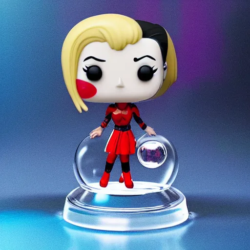 Prompt: funko pop of harley quinn inside a crystal ball, trending on artstation, hdr, instagram photo, photo studio