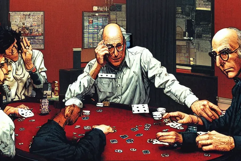 Prompt: larry david playing poker, very coherent, intricate design, painting by Laurie Greasley, part by Yoji Shinkawa, part by Norman Rockwell