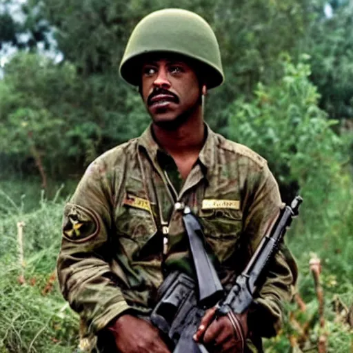 Image similar to black Robert Downey Jr as a soldier in Vietnam, award winning historical photograph