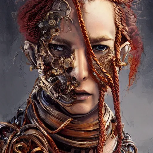 Prompt: portrait of a Shibari rope wrapped face and neck, headshot, insanely nice professional hair style, dramatic hair color, digital painting, of a old 13th century, cyborg traveler, amber jewels, baroque, ornate clothing, scifi, realistic, hyperdetailed, chiaroscuro, concept art, art by Franz Hals and Jon Foster and Ayami Kojima and Amano and Karol Bak,