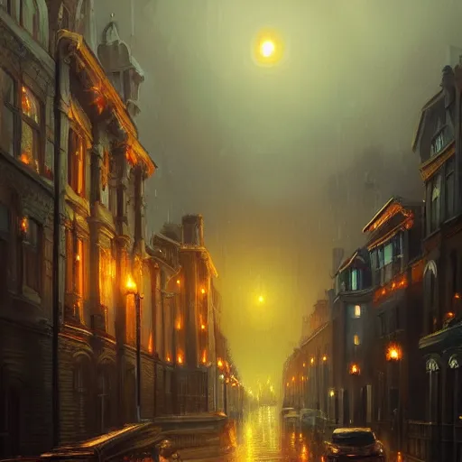 Image similar to A beautiful painting of Victorian city autumn night, hyperrealistic, artstation, detailed, cinematic lighting, concept art, photorealistic