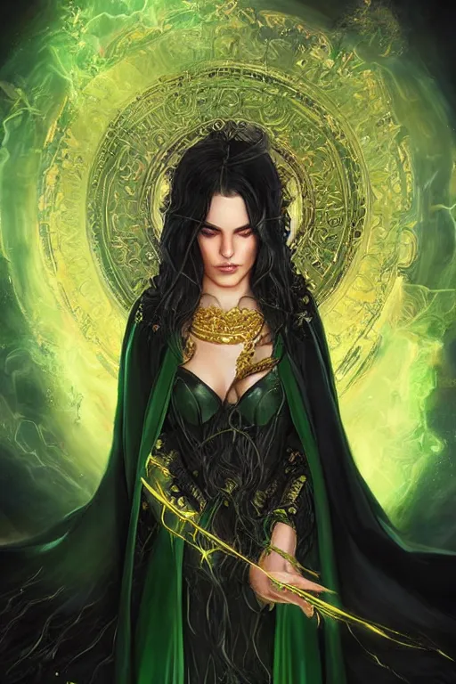 Image similar to a portrait of a beautiful sorceress wearing a black robe with gold embroidery, casting a spell, green glows, painted by artgerm and tom bagshaw, in the style of magic the gathering, highly detailed digital art