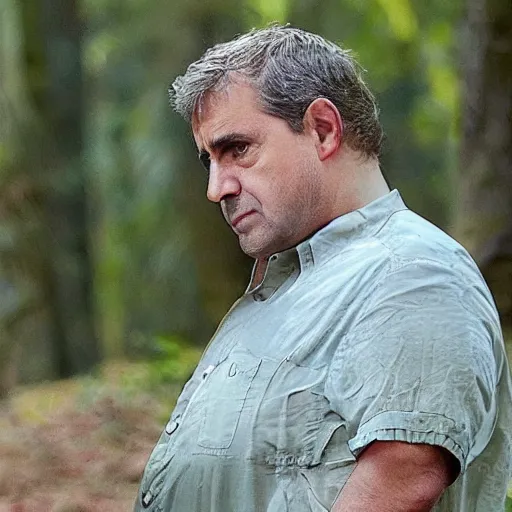 Image similar to chubby Steve Carell meditate in the Forest