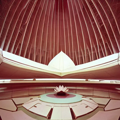 Image similar to interior of a futuristic lotus temple space station with gold, red and white marble panels, by buckminster fuller and syd mead, intricate contemporary architecture, photo journalism, photography, cinematic, national geographic photoshoot