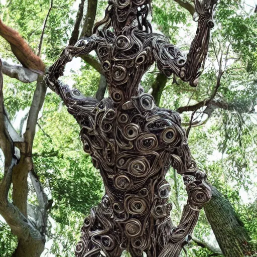 Image similar to a human man statue stuck in a cosmic tree, a sense of awe, amazement, monogon, plasma display, wooden, silver, mercury, damascus, armature wire, multiscopy, morph, in a symbolic and meaningful style, insanely detailed and intricate, hypermaximalist, elegant, ornate, hyper realistic, super detailed,