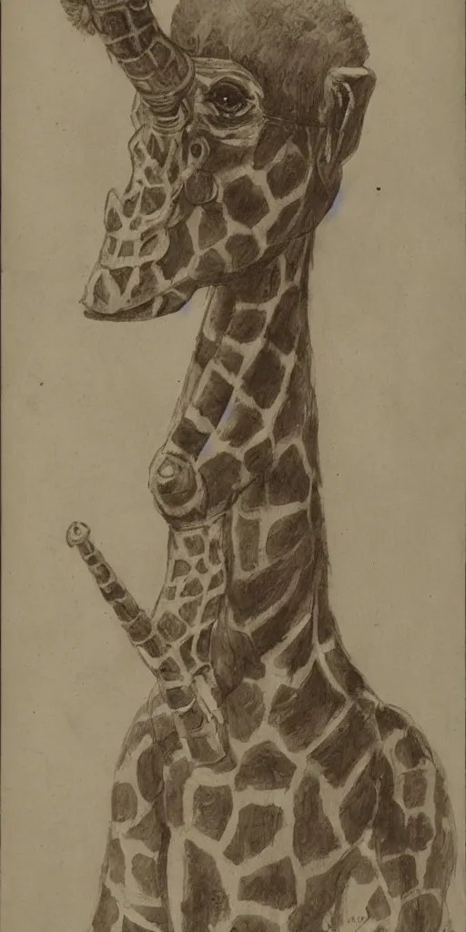 Image similar to soldier with the head of a giraffe and the body of an orangutan