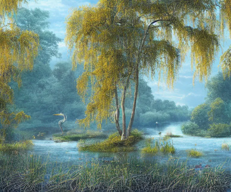 Image similar to a majestic blue heron in shallow river, waterfalls in distance, left border beautiful willow, right border cherry blosom trees, lily pads bullrushes marsh clouds, golden hour intricate luminescent matte painting, highly detailed, artstation