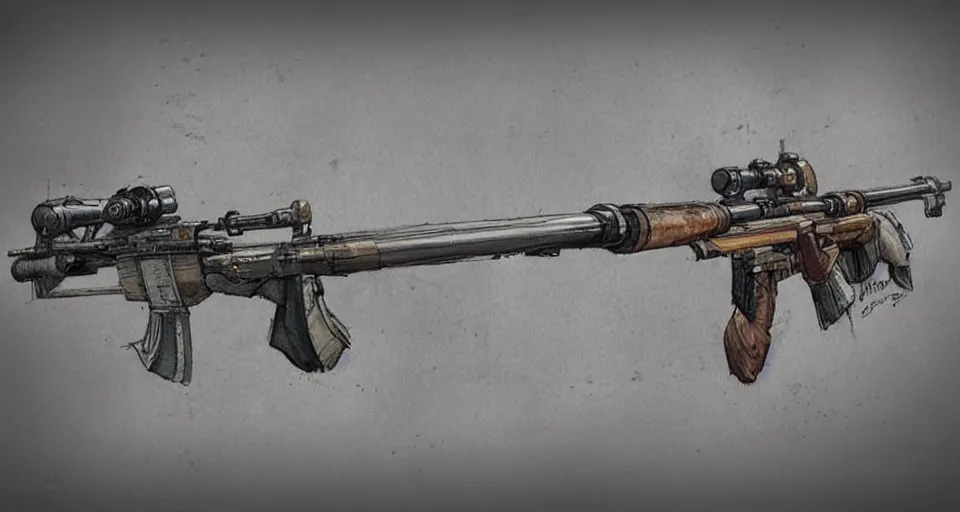 Image similar to concept art of a sniper rifle in futuristic, fantasy, steampunk, pinterest, artstation trending, behance, watercolor, by coby whitmore, silver, laser light,