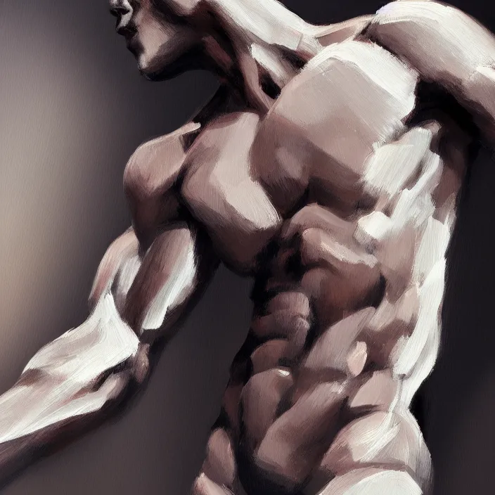 Image similar to abstract closeup of a thin, athletic physique man's body made of abstract, thick flowing dramatic brush strokes, no face, strong wind, white background, matte colors, impressionist, extreme motion, trending on artstation