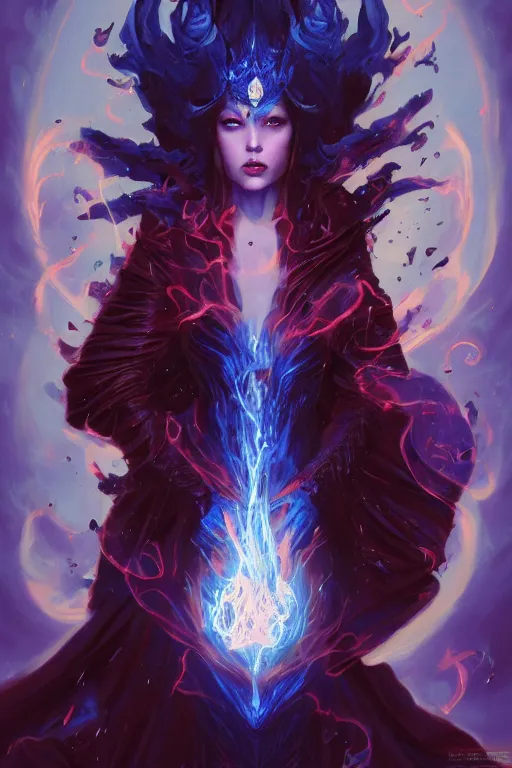 Image similar to a fancy portrait of a beautiful dark magician women covered in deep blue flames flames by Greg Rutkowski, Sung Choi, Mitchell Mohrhauser, Maciej Kuciara, Johnson Ting, Maxim Verehin, Peter Konig, final fantasy , mythical, 8k photorealistic, cinematic lighting, HD, high details, atmospheric,