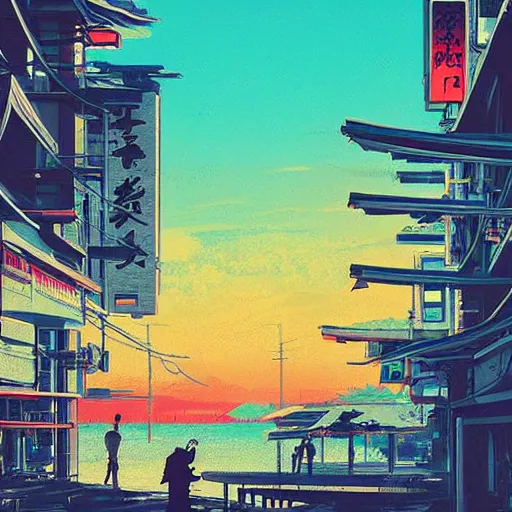 Image similar to the sun is setting over a beach town in japan, cyberpunk art by alena aenami, featured on deviantart, digital art, matte drawing, matte painting, speedpainting