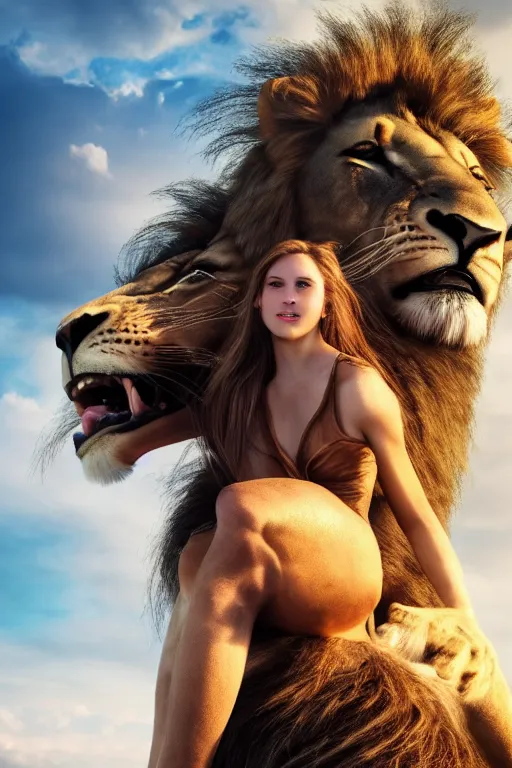 Image similar to girl riding a lion, extremely detailed, high quality, 4 k, cinematic, dramatic lightning, photo realistic, beautiful face, highly detailed face