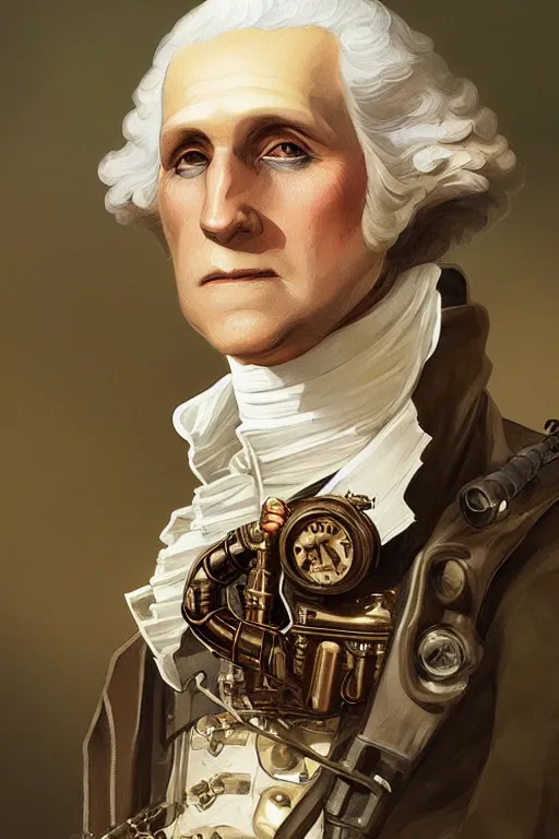 Prompt: george washington as a steampunk cyborg, portrait, western, steampunk, duster, fantasy, intricate, elegant, highly detailed, digital painting, artstation, concept art, sharp focus, illustration, art by artgerm and greg rutkowski and alphonse mucha