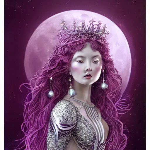 Prompt: painting of princess of the moon, silver filigree armor and tiara, moon above head, purple wavy hair, smooth translucent skin, wide striking eyes, beautiful! coherent! symmetrical body, by brom, by junji ito, by brian froud, strong line, high contrast, muted color, preraphaelite style, 4 k, trending on artstation
