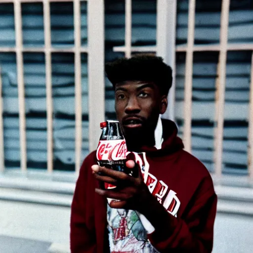 Image similar to 1 9 9 0's rapper looking into camera holding a bottle of coca - cola, cinestill, 8 0 0 t, 3 5 mm, full - hd