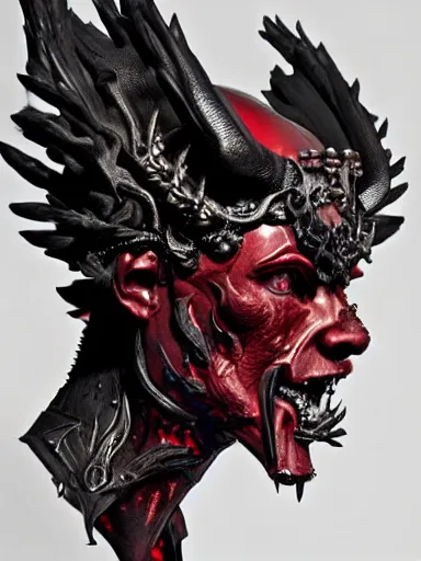 Image similar to portrait of a red male demon king face wearing shiny demonic crown, subtle dark accents and large fire wings, hyper details, black metal rococo, sculpted by Alex Alice, Craig Mullins, Yoji shinkawa, trending on artstation, beautifully lit, Peter Mohrbacher, hyper-detailed, insane details, intricate, elite, elegant, luxury, ray of light through smoke, CGsociety, hypermaximalist, golden ratio, by Greg Rutkowski, volumetric, octane render, weta digital, micro details, 3d sculpture