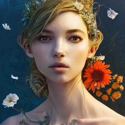 Prompt: the portrait of an absurdly beautiful, graceful, elegant young woman made of bananas and petals looking up, an ultrafine detailed illustration by kim jung gi, irakli nadar, intricate linework, bright colors, octopath traveler, final fantasy, angular, unreal engine 5 highly rendered, global illumination, radiant light, detailed and intricate environment