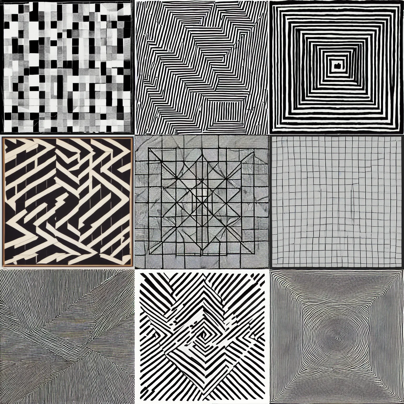 Prompt: an abstract picture a 64 squares arranged in a grid, hundreds of random pencil lines, Sol LeWitt, black and white