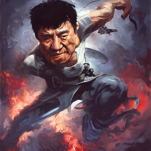 Prompt: cinematic portrait of Jackie Chan fighting the deep state by greg rutkowski and frank frazetta and peter mohrbacher and marc silvestri