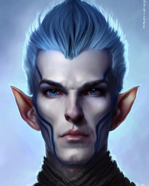 Image similar to character portrait of a slender half elven man with white hair, piercing bright blue eyes, and pale bluish skin, by greg rutkowski, mark brookes, jim burns, tom bagshaw, trending on artstation