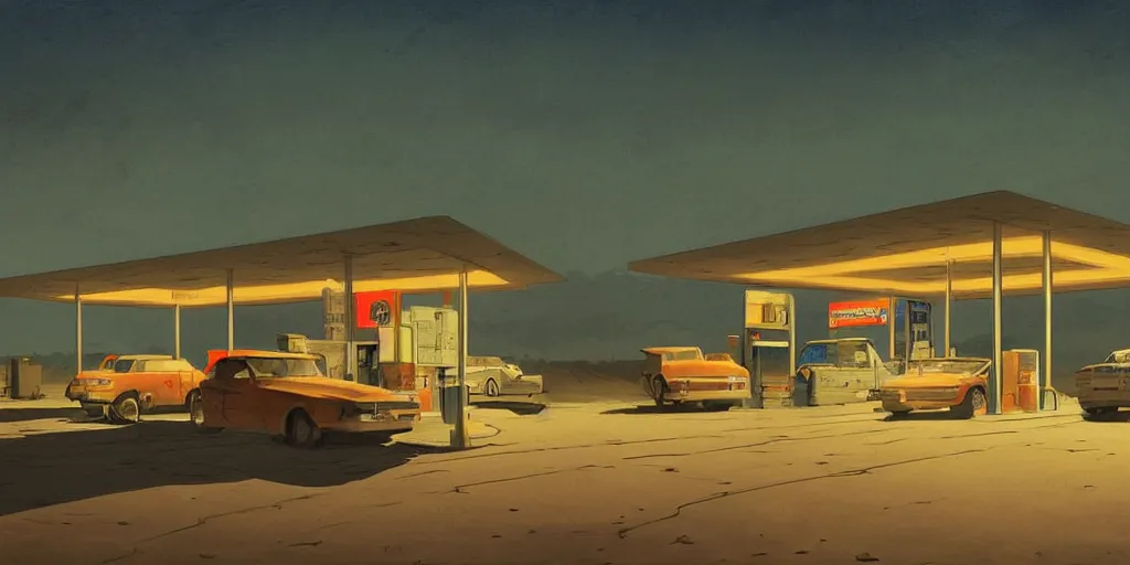 Image similar to A gas station in the desert at night, creepy and dramatic atmosphere, digital art by Greg Rutkowski and Studio Ghibli and Edward Hopper