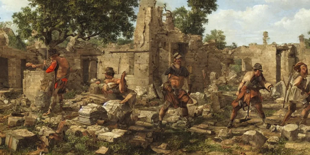 Prompt: painting of bandits hiding among the ruins of a roman fort