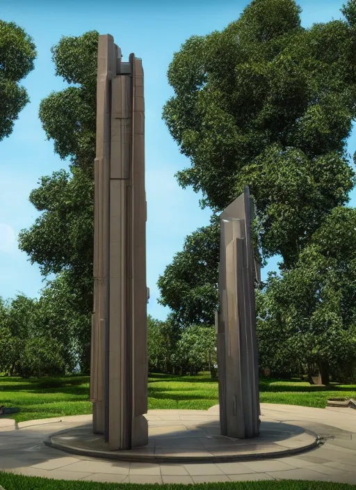 Image similar to highly detailed realistic architecture 3 d render of a futuristic stele monument in frank lloyd wright style standing in city park, archdaily, made in unreal engine 4 octane render