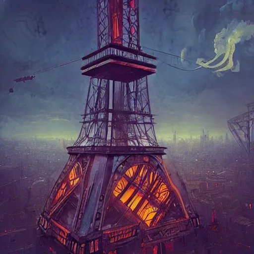 Image similar to a steampunk eiffel tower in heaven, steampunk dirty world, by wlop, greg rutkowski and beeple