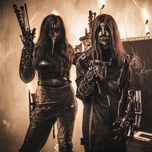 Prompt: cyberpunk black metal band, guitarists, bassist, drummer, vocalist, all black cyberpunk clothes, robotic prosthetic limbs, dermal implants, detailed faces, cyborg satan, futuristic, realistic, promo photograph, epk, room full of candles, high quality, highly detailed