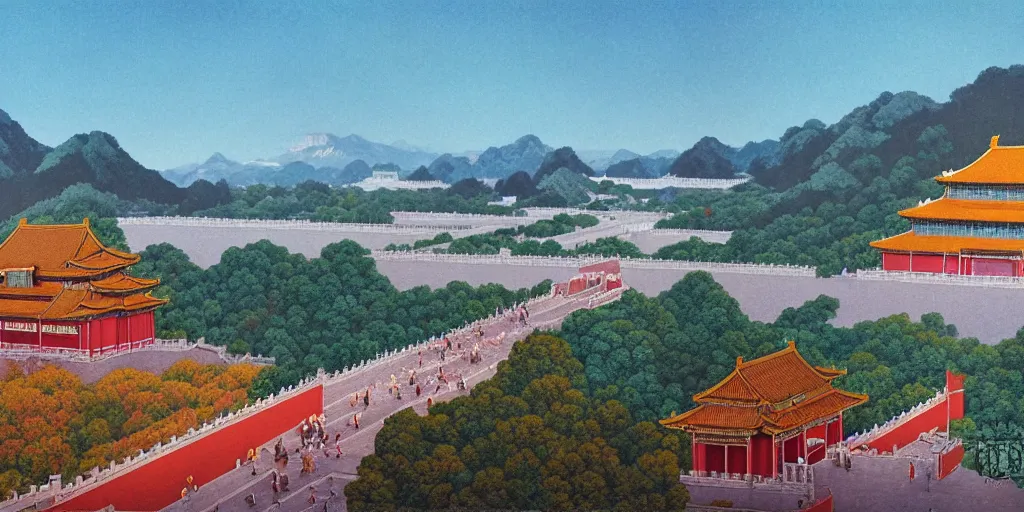 Image similar to forbidden city on the cliff, 4 k, wide - angle lens ， cinematic ， painting by wes anderson and hasui kause and scott listfield maxfield parrish