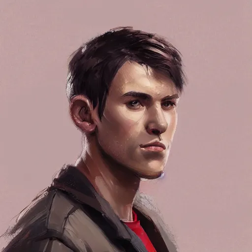 Prompt: Portrait of a man by Greg Rutkowski, he is about 20 years old, gallant, straight jaw, attractive, short brown hair with bangs, athletic and strong, he is wearing red and black utilitarian jumpsuit, highly detailed portrait, digital painting, artstation, concept art, smooth, sharp foccus ilustration, Artstation HQ.