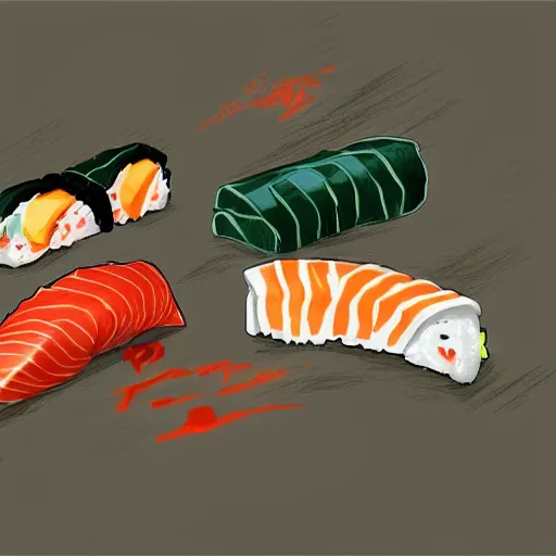 Image similar to sushi fighting each other, digital art, digital painting, character design, trending, artstation