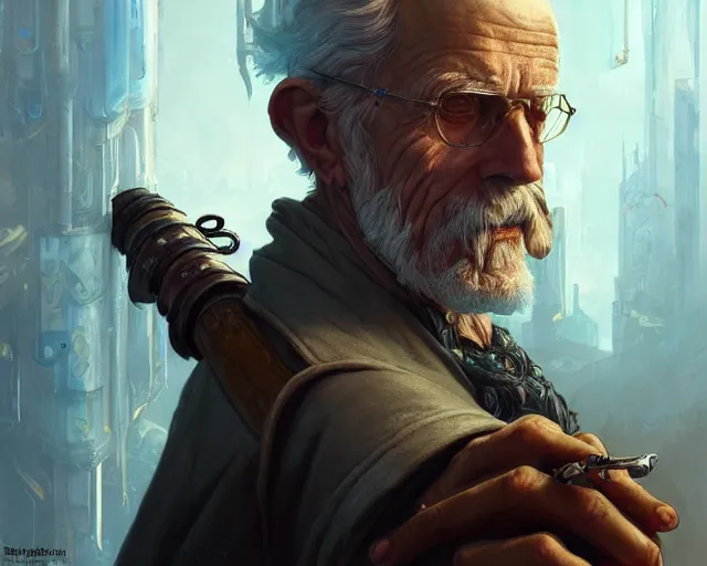 Image similar to old man with cyberpunk walking stick, deep focus, d & d, fantasy, intricate, elegant, highly detailed, digital painting, artstation, concept art, matte, sharp focus, illustration, hearthstone, art by artgerm and greg rutkowski and alphonse mucha