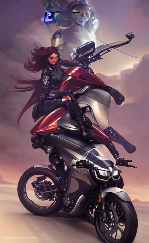 Image similar to Police female riding yamaha motorcycle, sci-fi, highly detailed, digital painting, artstation, concept art, smooth, sharp focus, illustration, art by artgerm and greg rutkowski and alphonse mucha