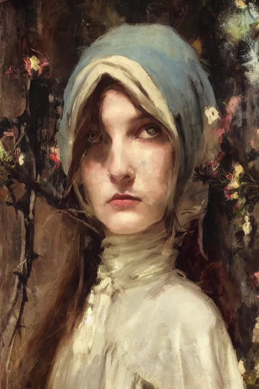 Prompt: Solomon Joseph Solomon and Richard Schmid and Jeremy Lipking victorian genre painting full length portrait painting of a young beautiful woman medieval witch