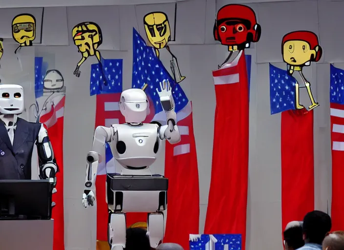 Image similar to dystopian humanoid robot dictator giving a propaganda speech to human like large flags with robot heads on them