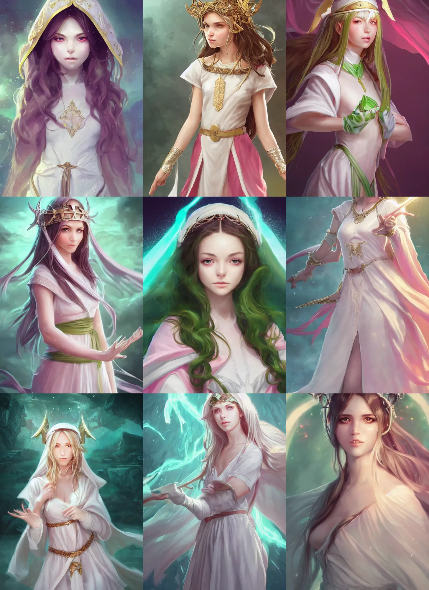 Prompt: full body portrait of a cleric, female, young, cute, white robes, pink clothes, holy, simplistic, circlet, spirits, brunette, white skin, heterochromia yellow and green, high fantasy, extremely detailed, smooth, sharp focus, digital illustration, by artgerm, rossdraws, wlop, collectible card art