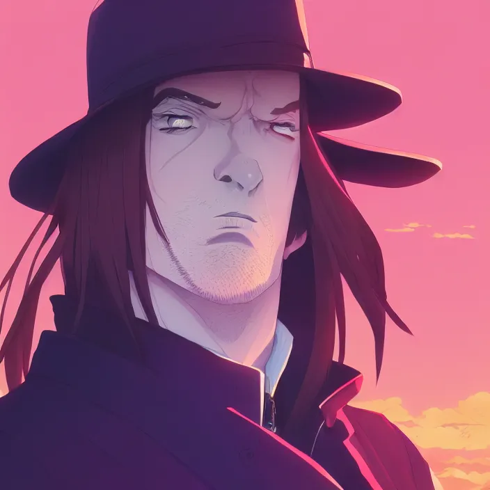 Image similar to portrait of the undertaker, mount fuji background, rich vivid colors, ambient lighting, dynamic lighting, 4 k, hq, official media, anime key visual, makoto shinkai, ilya kuvshinov, lois van baarle, rossdraws, detailed, trending on artstation